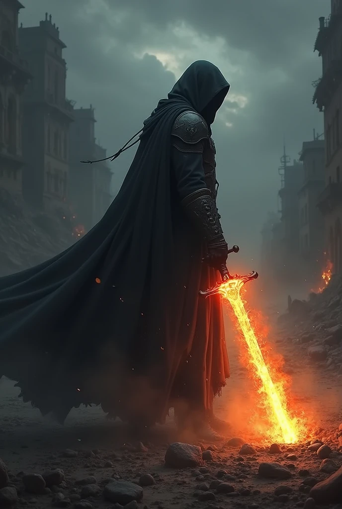 Dark sky gladiator with black cape and wounded Dark and sober environment that has a sword with fire that is hooded and that there is fire around him and that is darker than this hooded person that has a hood