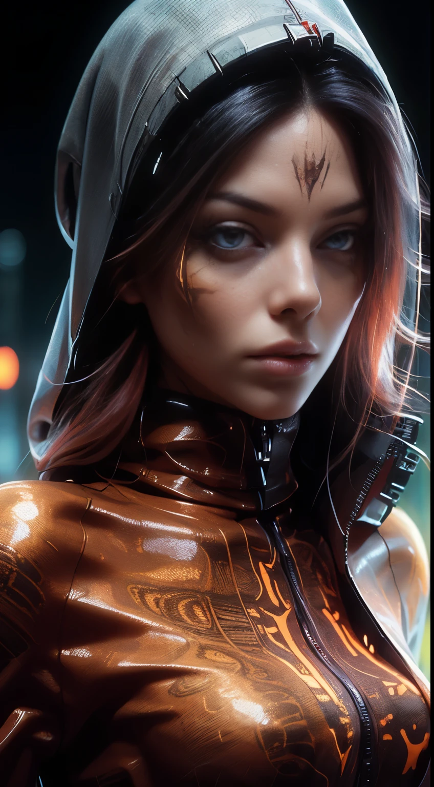 Unreal Engine:1.4,UHD,The best quality:1.4, photorealistic:1.4, skin texture:1.4, masterpiece:1.8, 1 female, Red mesh hair over black hair, Long hair, straight hair,  , Comic appearance，(apocalyptic city of fire),(cyberpunk:1.4),(The best quality,4k,high resolution), Red reflections in black hair, Long hair, straight hair, Transformative woman,One，cold eyes ,sharp eye，distressed look，bright red eyes，Improved facial expression，，Change the appearance of a transformation，beast，Bestialification，evil fight，Buttle，Delicate illustrations drawn in detail，Torn clothes with decoration，disheveled clothes，Realistic depiction，vibrant colors，expressive，Classic background