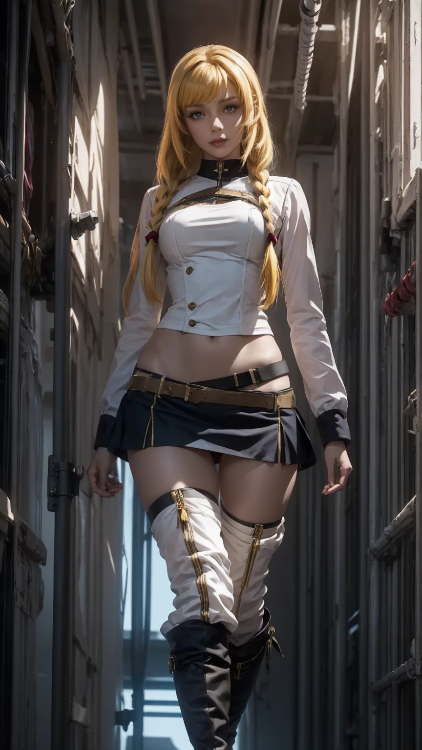 a beautiful detailed portrait of Kudelia Aina Bernstein from Gundam IBO, (Kudelia Aina Bernstein), (wide angle:1.27), (full length portrait:1.37), thigh length yellow hair in a single braid, contrapposto pose, viewing from slightly below, excited facial expression, wearing white formal gown, dress lifted, revealing tight white thigh high boots, glimpse of red thong underneath, round hips, highly detailed, intricate details, cinematic lighting, spaceship hangar Bay interior, BREAK: skirt removed, BJ_Gundam, 