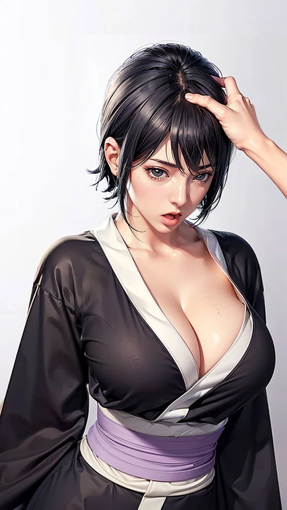 (（（Perfect body,White and tender skin,（（（black kimono, sandals,Black clothes, mesh underwear, purple belt,Bandage on thigh）））,(（（shizune,Black hair, short hair, black eyes））),((masterpiece)),highres,((Best quality at best)),masterpiece,quality,Best quality,(（（ Exquisite facial features,Looking at the audience,There is light in the eyes, ）））,Huge breasts,A woman,Open your mouth,Roll your eyes,A hand is pressing on the top of the head）））