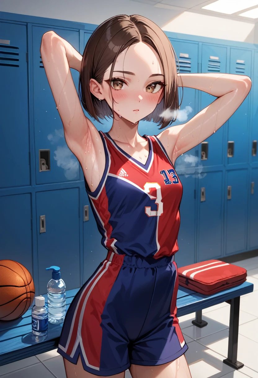 score_9, score_8_up, score_7_up, rating_safe, masterpiece, best quality, very aesthetic, absurdres, 1woman, college age,solo, brown hair, one carl bob cut, center parted bangs, forehead,small head,brown eyes,gorgeous eyes, blush, basketball red uniform, small breasts,slender body,skinny, armpits,sweat, very sweaty, sweaty armpit, breath, steaming body, gleaming skin, armpit forcus, indoors, locker room, (blue bench:1.2), white wall, white floor, whiteboard, standing, water bottle, faint light,