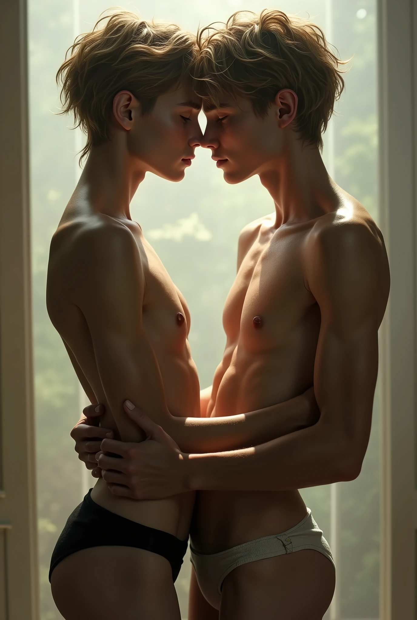 tall blonde curly hair skinny australian guy kissing a black hair shorter asian muscular guy