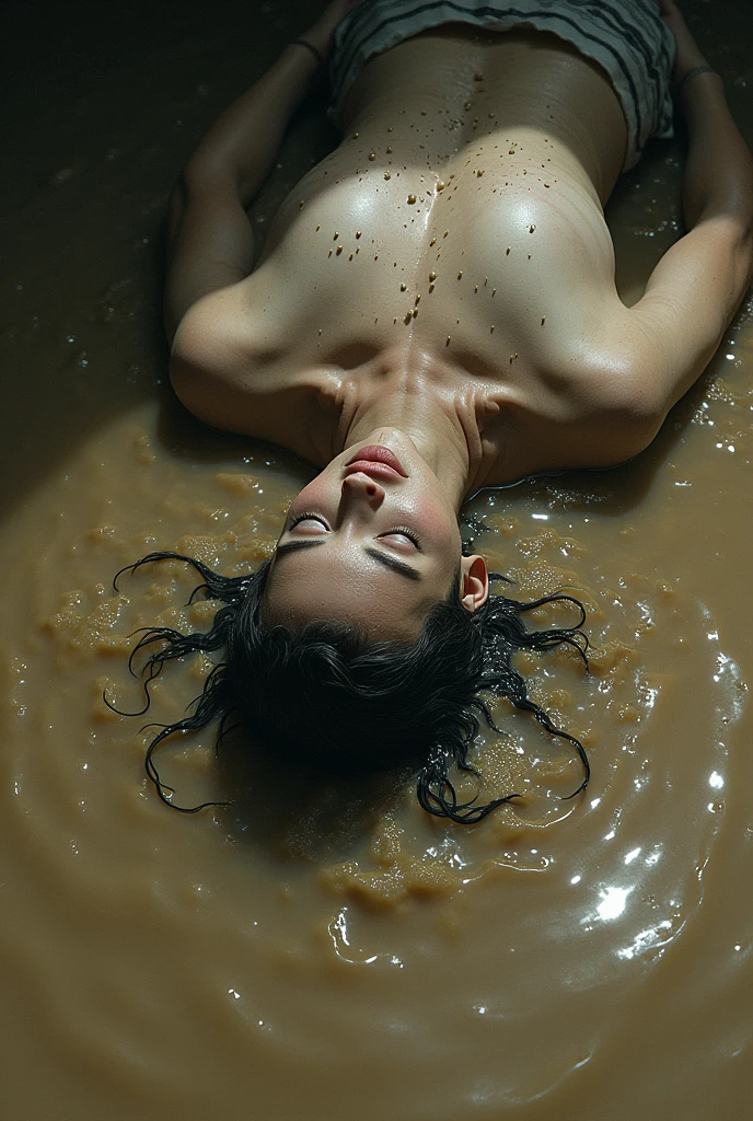 A realistic image of a woman bathing in a basin of dirty water 