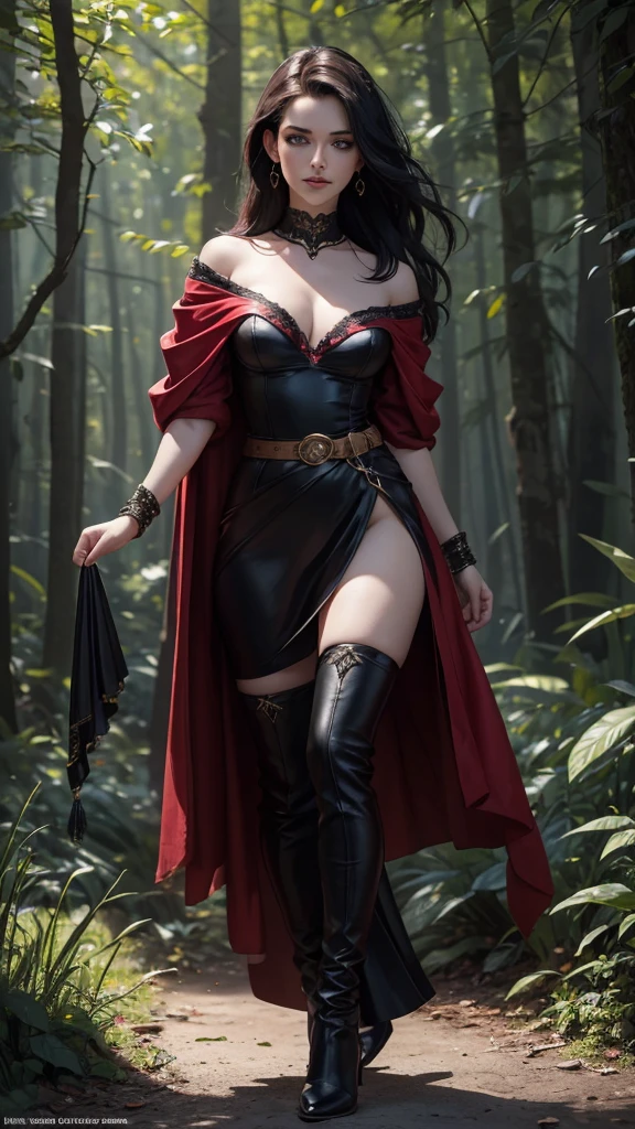 Red Riding Hood, big breasts, frontal, full-length, looking at the camera, facing the audience, standing pose, forest background, three-dimensional light, detailed full-body concept, sleek digital concept art, beautiful full-body concept art, art trend, CGsociety full-length, huge breasts, tall, wide hips, huge bursting breasts