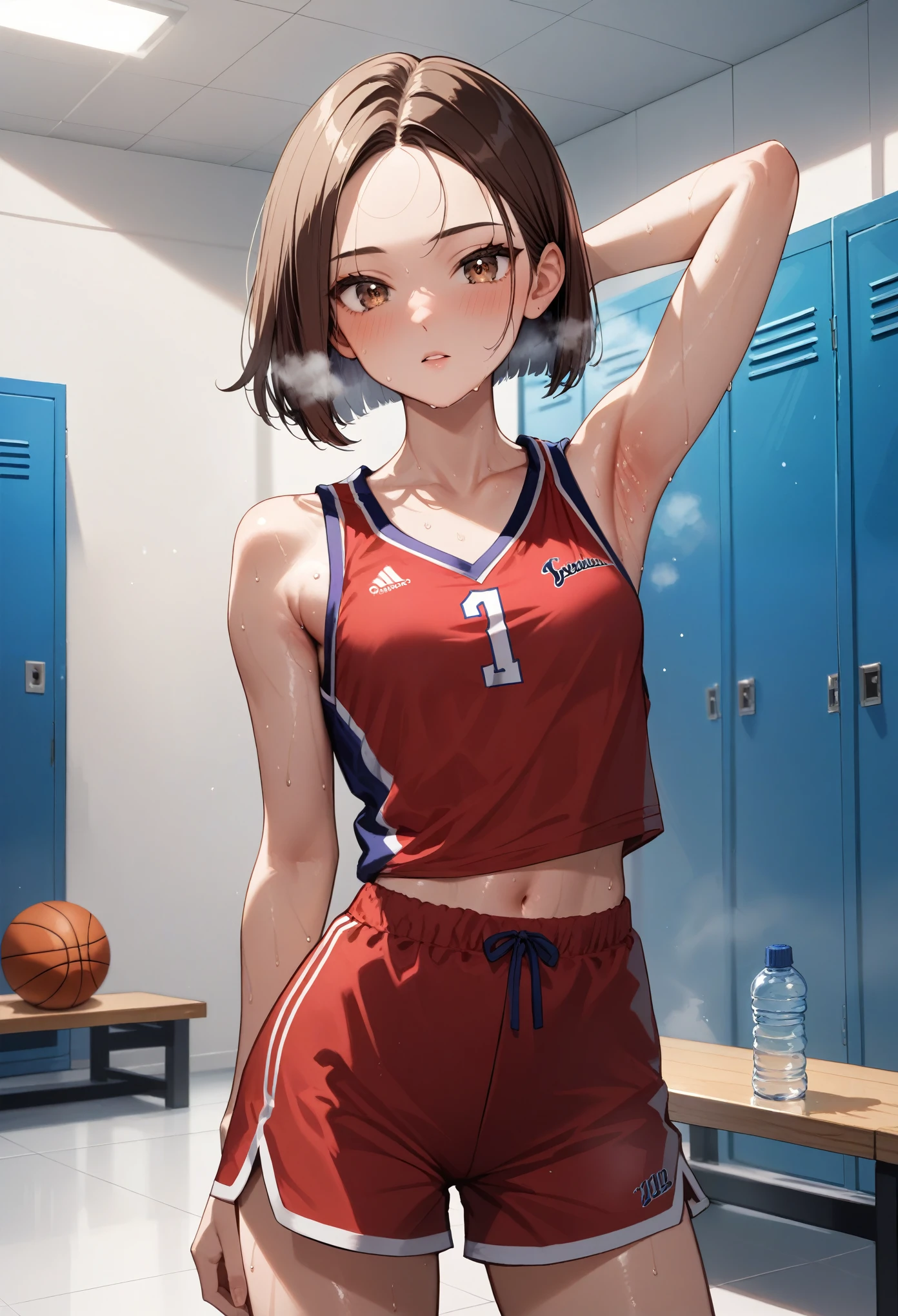 score_9, score_8_up, score_7_up, rating_safe, masterpiece, best quality, very aesthetic, absurdres, 1woman, college age,solo, brown hair, one carl bob cut, center parted bangs, forehead,small head,brown eyes,gorgeous eyes, blush, basketball red uniform,red shorts, small breasts,slender body,skinny, armpits,sweat, very sweaty, sweaty armpit, breath, steaming body, gleaming skin, armpit forcus, indoors, locker room,white wall, white floor, whiteboard, standing, water bottle, faint light,