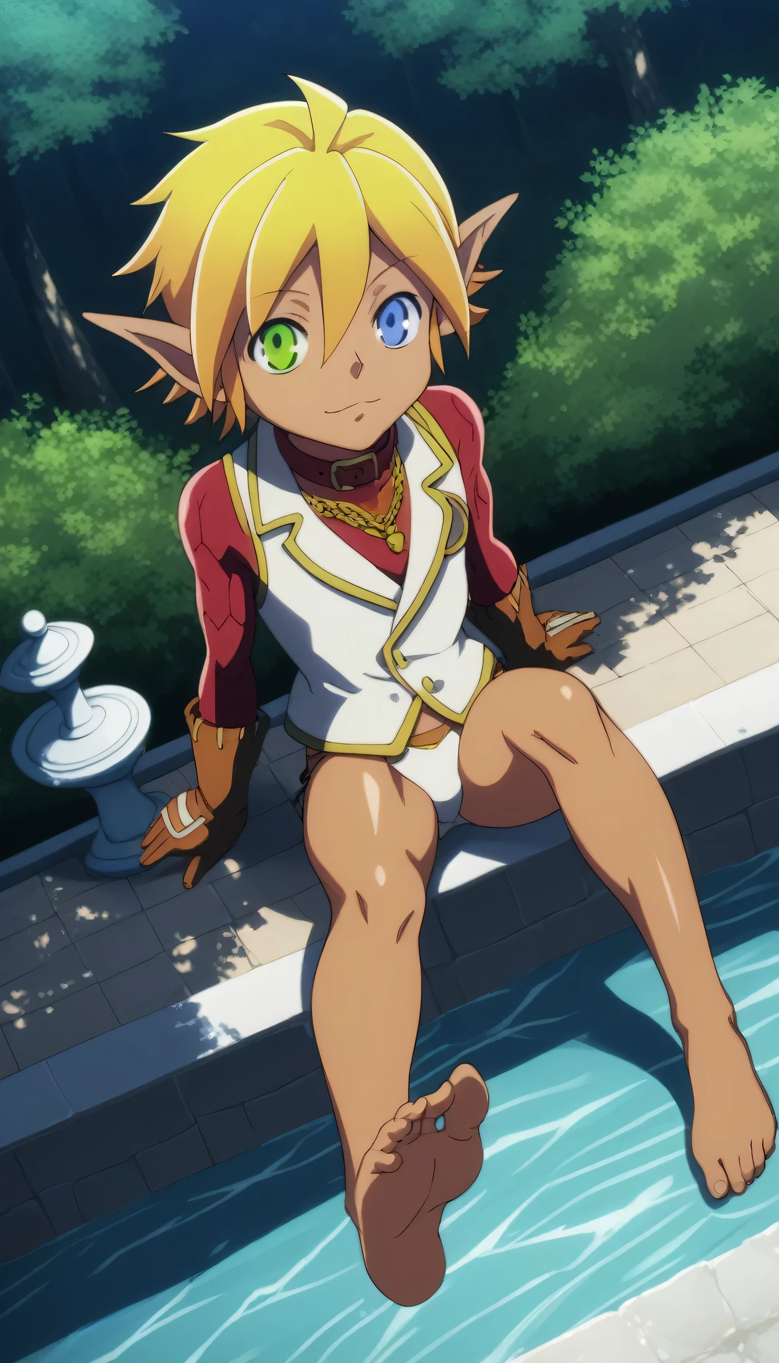 score_9, score_8_above, score_7_above, fountain_cheered up,
aurabellafiora,
aura bella fiora, short hair, blue eyes, by rubio, hair between the eyes, green eyes, He drowned, pointy ears, Dark skin, heterochromia, elf, dark elf,
White Bikini, collar,
outdoor, evening, evening sky, forest, nature,
looking at the viewer, cowboy shot, dutch angle, sitting, soles, bikini, beautiful soles