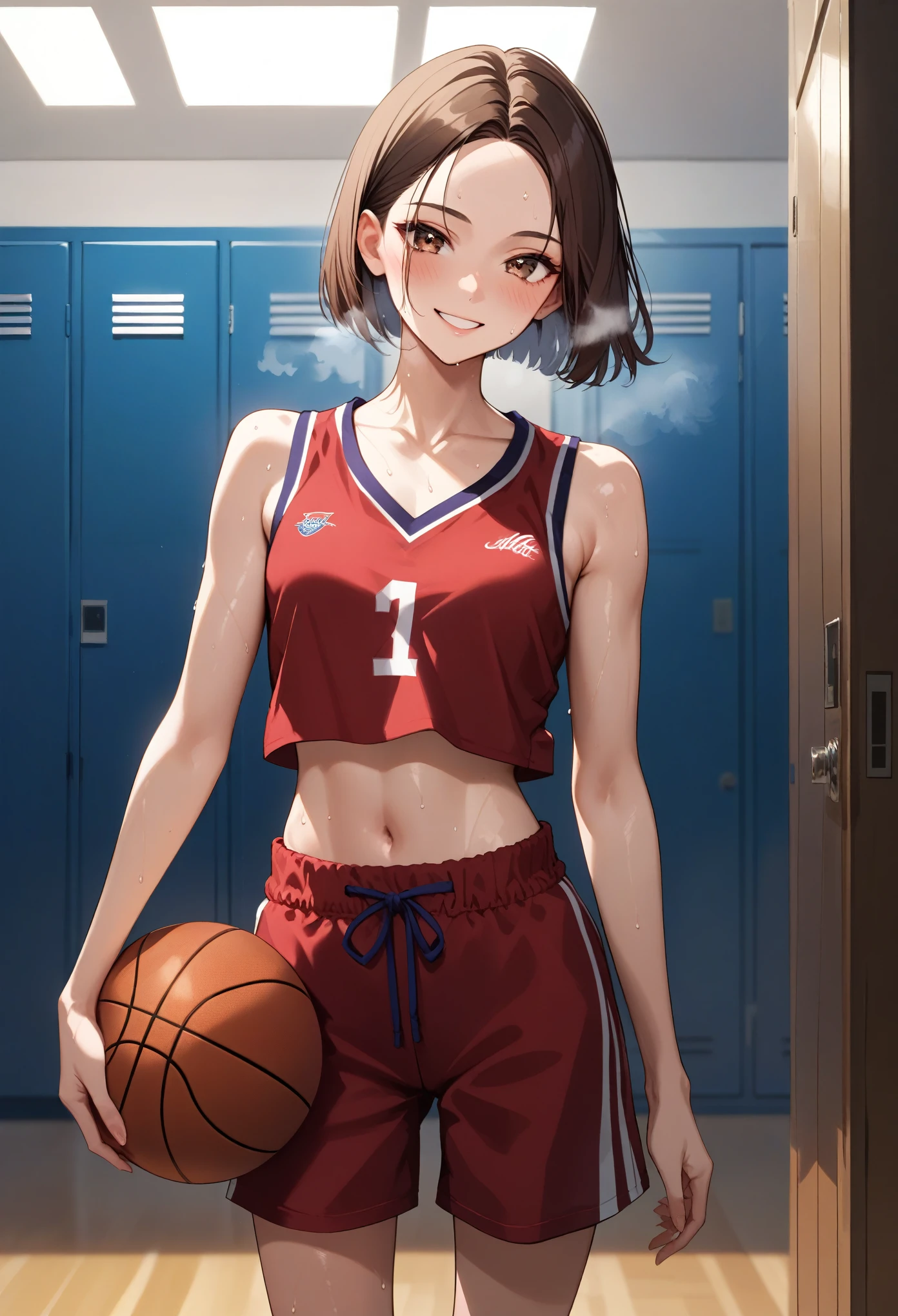 score_9, score_8_up, score_7_up, rating_safe, masterpiece, best quality, very aesthetic, absurdres, 1woman, college age,solo, brown hair, one carl bob cut, center parted bangs, forehead,small head,brown eyes,gorgeous eyes, smile,blush, basketball red uniform,red shorts small breasts,slender body,skinny,sweat, very sweaty, breath, steaming body, gleaming skin, indoors, locker room, standing, faint light,