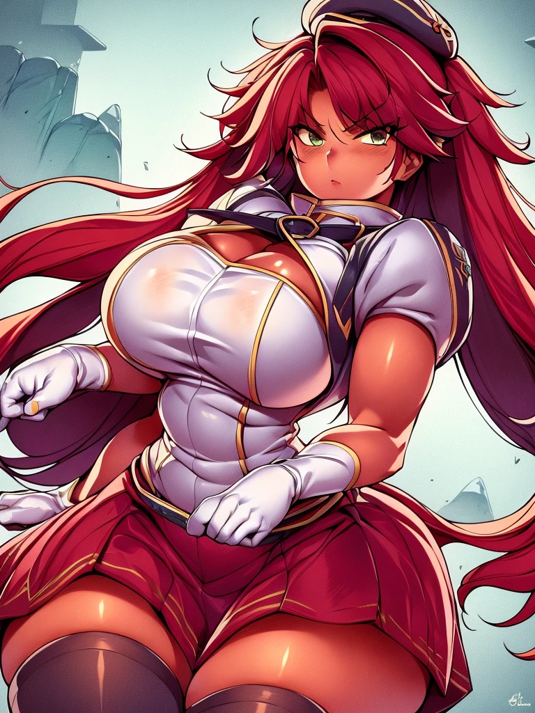 High detailed, masterpiece, High detailed, 1 girl, solo, red hair, yellow fringes, tanned skin , dark Green eyes, big busty, big buson, firm curvy body white shirt, , deep cleavage, Juliet sleeves, pencil skirt, black thighhighs, white gloves, tall, serious, Mini beret