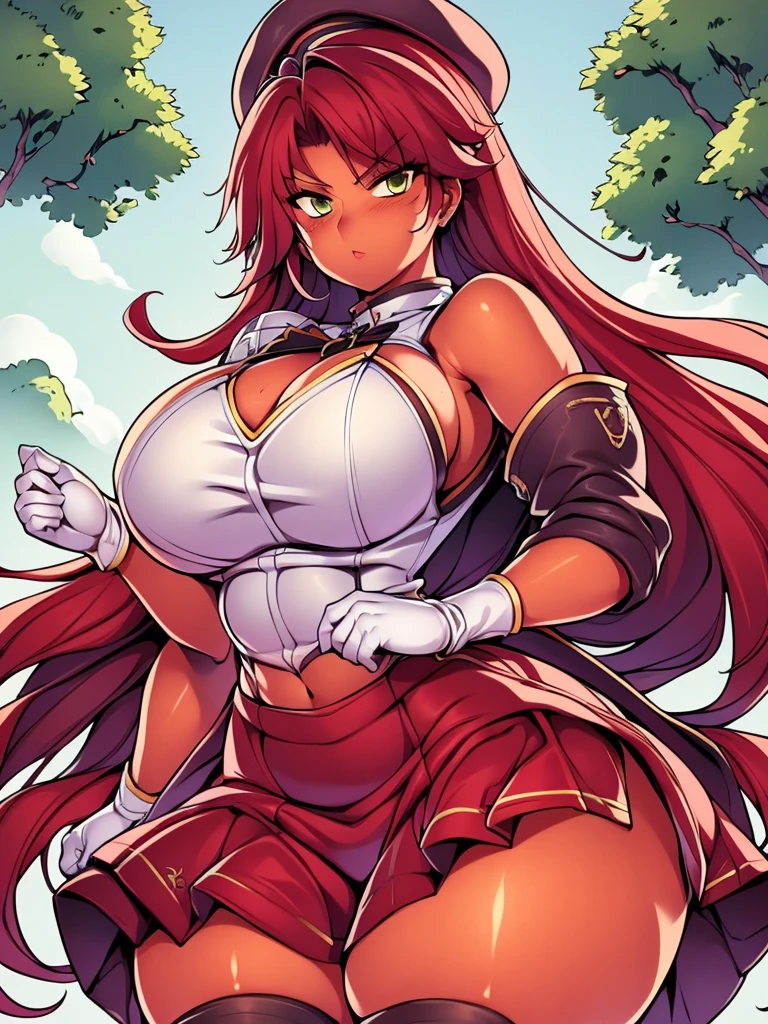 High detailed, masterpiece, High detailed, 1 girl, solo, red hair, yellow fringes, tanned skin , dark Green eyes, big busty, big buson, firm curvy body white shirt, , deep cleavage, Juliet sleeves, pencil skirt, black thighhighs, white gloves, tall, serious, Mini beret