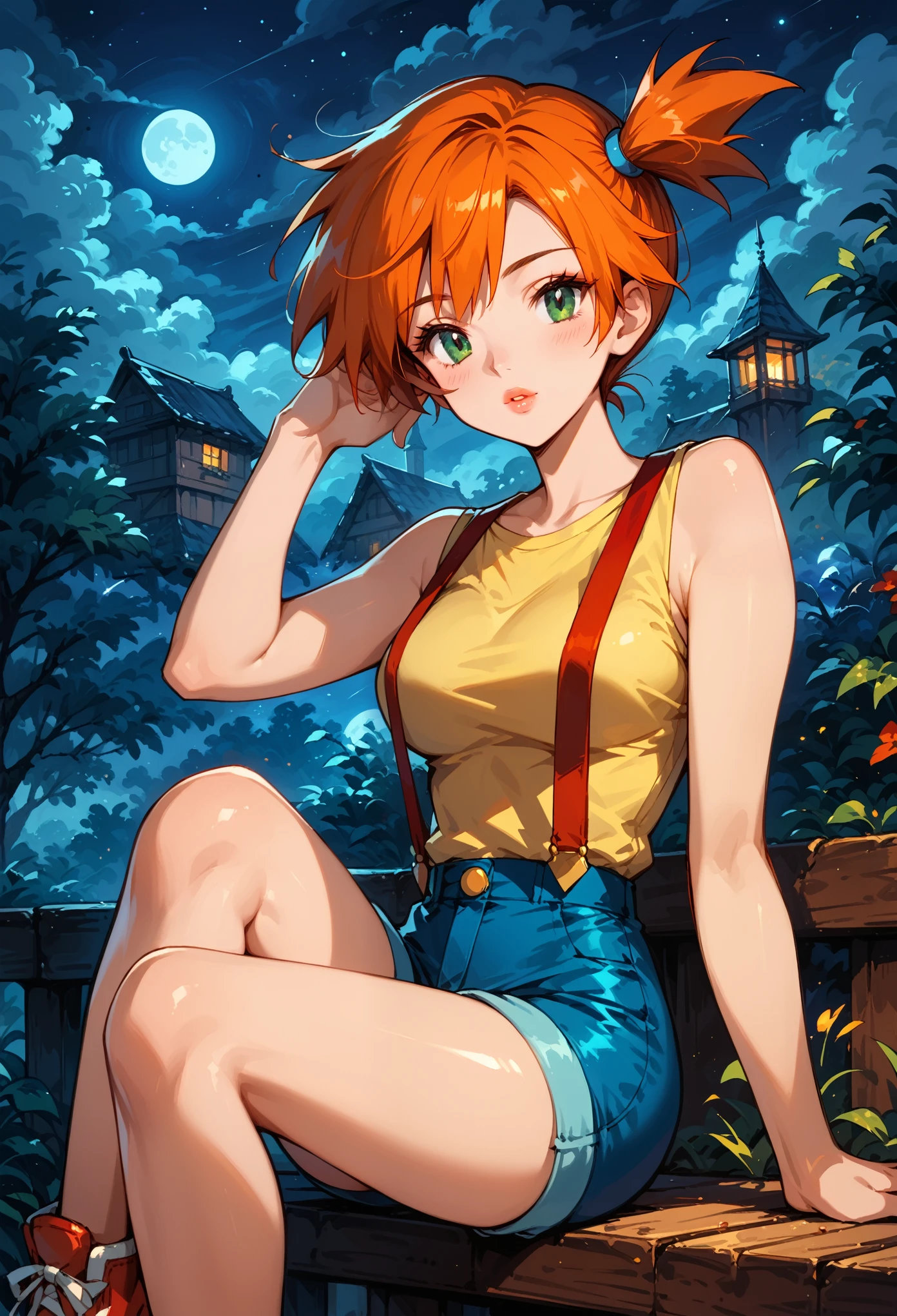 Dark Fantasy Art of score_9, score_8_up, score_7_up, rating_questionable, fantasy, lighting, epiCPhoto 1girl, mature woman, very sexy (Misty_Pokemon), (short hair, orange hair, one side up hair, green eyes, medium breasts, skinny), (yellow t-shirt, tight sleeveless t-shirt, red suspenders:1.3), blue shorts, red sneakers, solo, cute, flirt, gaze, sexy look, half-closed eyes, head tilt, filled lips, thick lips, makeup, face portrait, modelling shoot, sexy pose, sitting, knees bent, fantasy rooftop setting, dark, moody, dark fantasy style, (night, moonless night:1.2).