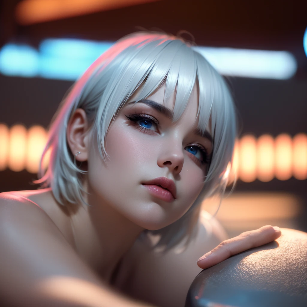 30 year old woman, alone, alone, athletic, short white hair, sexy look, full body on right side of image, looking at viewer, cinematic, ultra sharp focus, award winning photography, perfect contrast, high sharpness, depth of field, ultra detailed photography, global illumination, fluid, ultra high definition, 8k, Unreal Engine 5, ultra sharp focus, award winning photography, art season trends,
