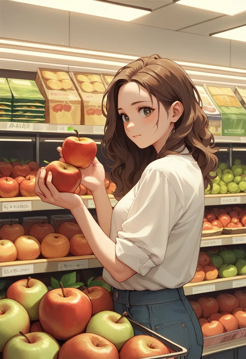  with wavy brown hair wearing a white shirt and pants, inside a supermarket looking at apples in a fruit display, comical without looking at the camera, looking at the apples