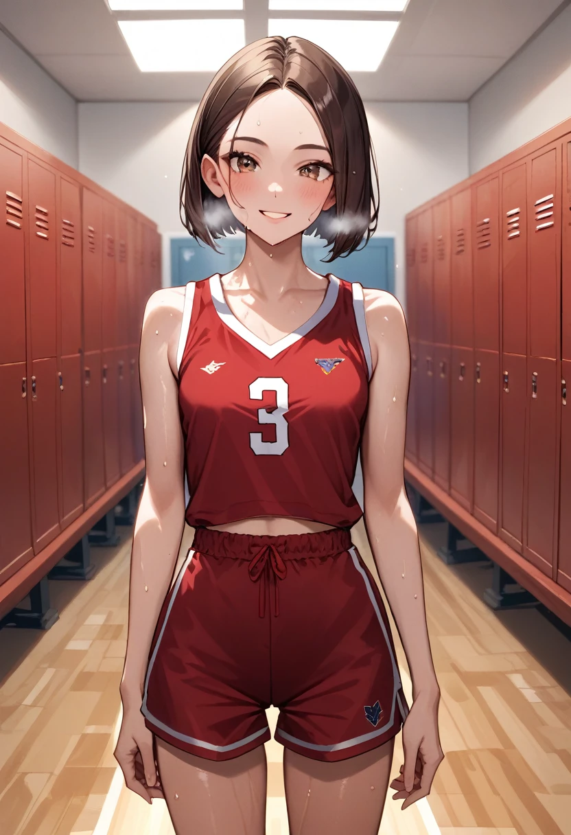 score_9, score_8_up, score_7_up, rating_safe, masterpiece, best quality, very aesthetic, absurdres, 1woman, college age,solo, brown hair, one carl bob cut, center parted bangs, forehead,small head,brown eyes,gorgeous eyes, smile,blush, basketball red uniform,red shorts small breasts,slender body,skinny,sweat, very sweaty, breath, steaming body, gleaming skin, indoors, locker room, standing, faint light,