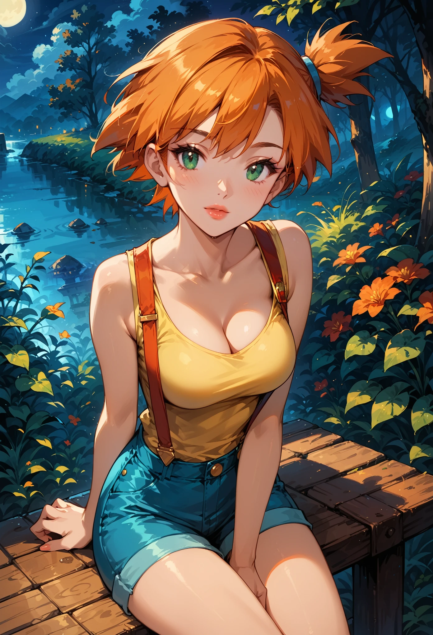 Dark Fantasy Art of score_9, score_8_up, score_7_up, rating_questionable, fantasy, lighting, epiCPhoto 1girl, mature woman, very sexy (Misty_Pokemon), (short hair, orange hair, one side up hair, green eyes, medium breasts, skinny),cleavage, (yellow t-shirt, tight sleeveless t-shirt, red suspenders:1.3), blue shorts, red sneakers, solo, cute, flirt, gaze, sexy look, half-closed eyes, head tilt, filled lips, thick lips, makeup, face portrait, modelling shoot, sexy pose, sitting, knees bent, fantasy rooftop setting, dark, moody, dark fantasy style, (night, moonless night:1.2), high angle.