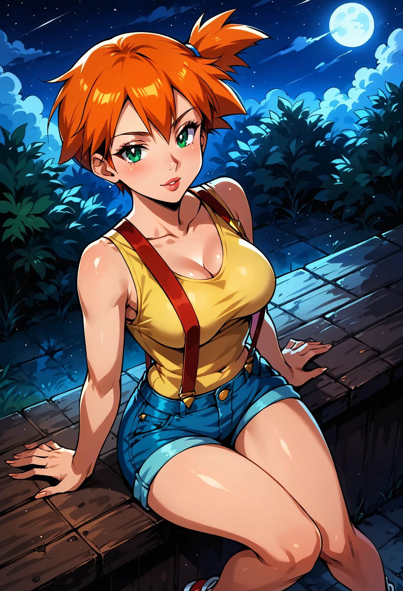 Dark Fantasy Art of score_9, score_8_up, score_7_up, rating_questionable, fantasy, lighting, epiCPhoto BREAK 1girl, mature woman, very sexy (Misty_Pokemon), (short hair, orange hair, one side up hair, green eyes, medium breasts, skinny), BREAK cleavage, (yellow t-shirt, tight sleeveless t-shirt, red suspenders:1.3), blue shorts, red sneakers, BREAK solo, cute, flirt, gaze, sexy look, half-closed eyes, head tilt, filled lips, thick lips, makeup, BREAK face portrait, modelling shoot, sexy pose, sitting, knees bent, fantasy rooftop setting, BREAK dark, moody, dark fantasy style, (night, moonless night:1.2), high angle.