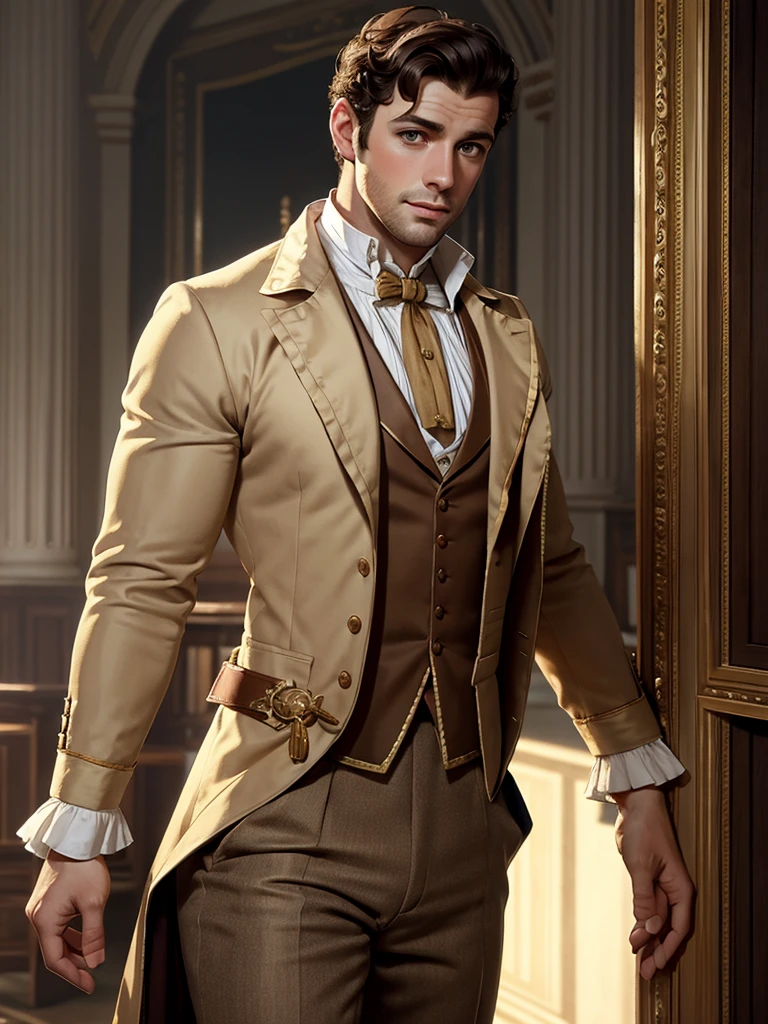 male, british, regency era, bridgerton, jonathan bailey', muscles, big pecs ,hairy chest, handsome face. wearing regency era suit