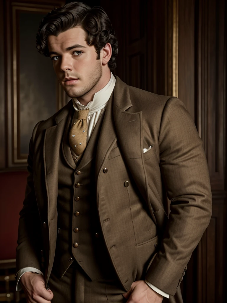 male, british, regency era, bridgerton, jonathan bailey', muscles, big pecs ,hairy chest, handsome face. wearing regency era suit