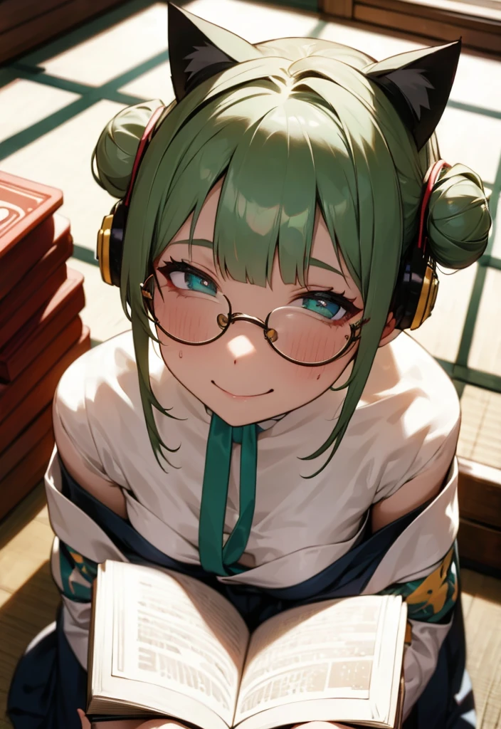 One girl,She has green twin-tails tied up in a bun.,Wearing cat ear headphones,Wearing round glasses and looking up,Looking at me with a mischievous smile,Literary girl holding a book,A library bathed in sunlight