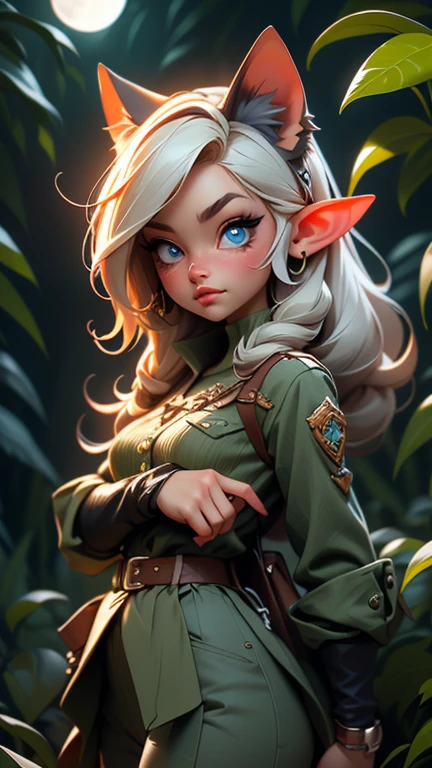 ultra realistic with many details. woman with blue cat eyes. elf ears. cat teeth. by blacks, under the moonlight, in a dense and very dark forest
