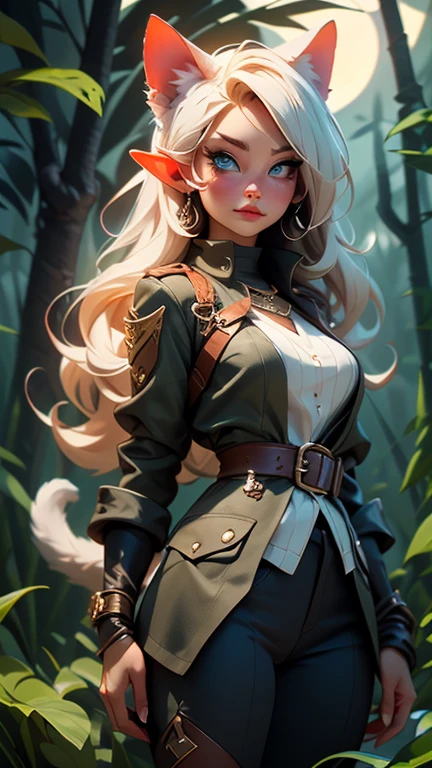 ultra realistic with many details. woman with blue cat eyes. elf ears. cat teeth. by blacks, under the moonlight, in a dense and very dark forest
