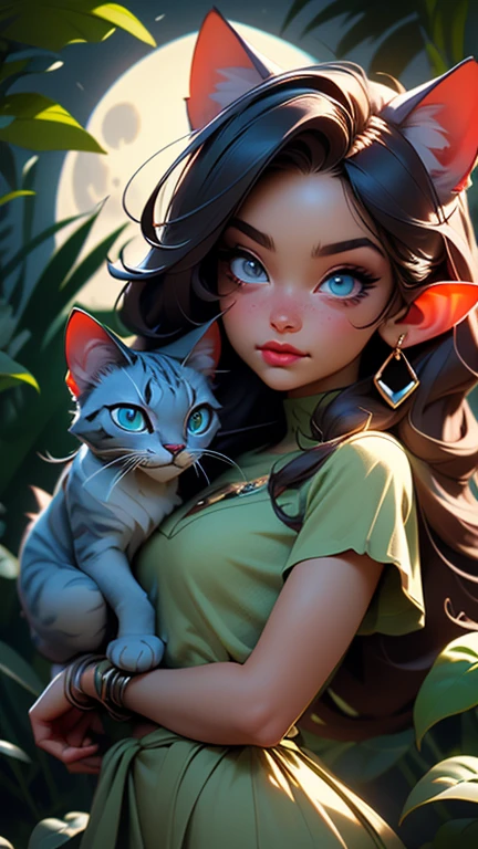 ultra realistic with many details. woman with blue cat eyes. elf ears. cat teeth. by blacks, under the moonlight, in a dense and very dark forest
