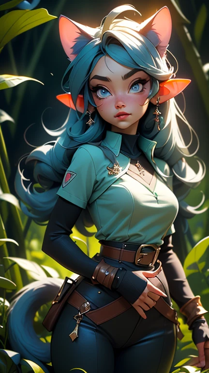 ultra realistic with many details. woman with blue cat eyes. elf ears. cat teeth. by blacks, under the moonlight, in a dense and very dark forest
