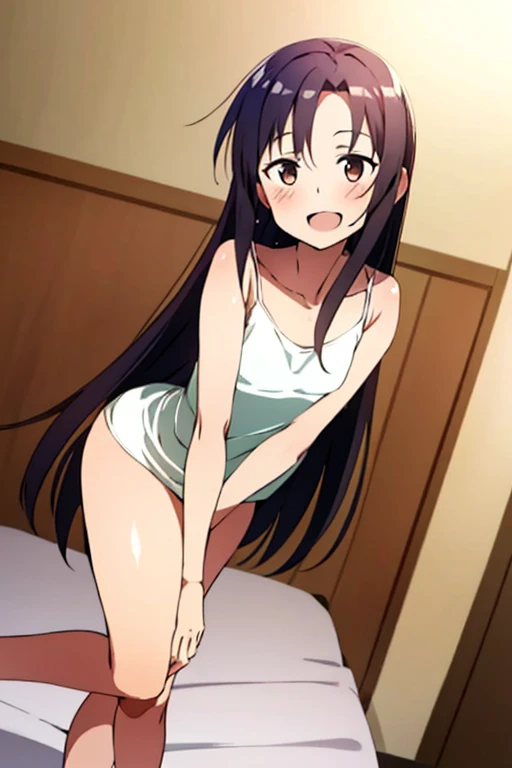 nsfw,Viewer Caution,suzune horikita, Red eyes:1.3,Bed,Show the whole body,全naked,naked,Medium chest,Beautiful legs,crotch grab,((leaning forward)),