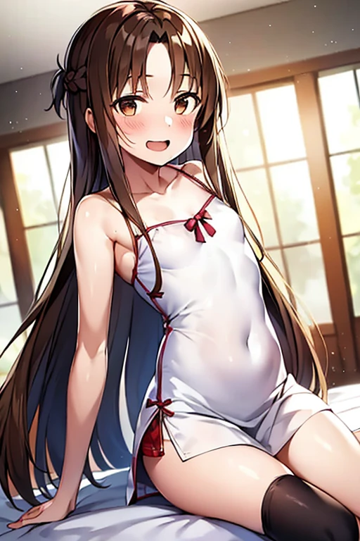 ((Best Quality)), ((masterpiece)), (be familiar with), Perfect Face, indoor, bedroom, Watching the audience,
One woman, Yuuki Asuna,
Open Mouth, Ecstatic expression, blush, smile,
Small breasts, Flat Chest, , , child, Girl,
Long Hair, Long Hair,
Leg spread,