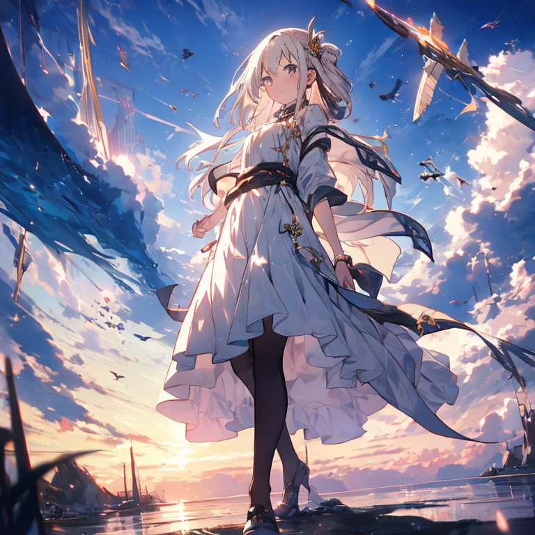 Anime girl walking near a cliff, Beautiful fantasy anime, high detailed Official Art, Silver-haired god, Shadowverse Style, Anime Goddess, Nightcore, Detailed Key Anime Art, Official Art, Masterpiece Goddess of Beauty, Anime fantasy illustration, Detailed digital anime art, Epic light novel art cover, From the Arknights video game, Anime fantasy artwork, Calm background, Bright white moon, white beach dress, View of the sea