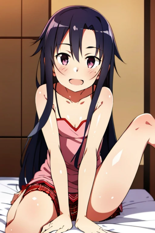 ((Best Quality)), ((masterpiece)), (be familiar with), Perfect Face, indoor, bedroom, Watching the audience,
One woman, Yuuki Asuna,
Open Mouth, Ecstatic expression, blush, smile,
Small breasts, Flat Chest, , , child, Girl,
Long Hair, Long Hair,
Leg spread,