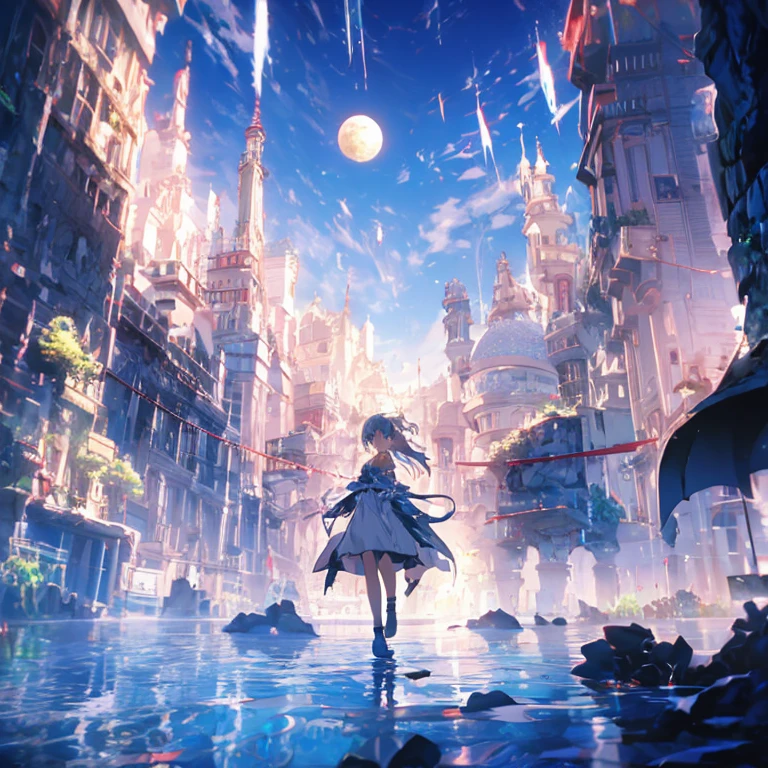 Anime girl walking near a cliff, Beautiful fantasy anime, high detailed Official Art, Silver-haired god, Shadowverse Style, Anime Goddess, Nightcore, Detailed Key Anime Art, Official Art, Masterpiece Goddess of Beauty, Anime fantasy illustration, Detailed digital anime art, Epic light novel art cover, From the Arknights video game, Anime fantasy artwork, Calm background, Bright white moon, white beach dress, View of the sea