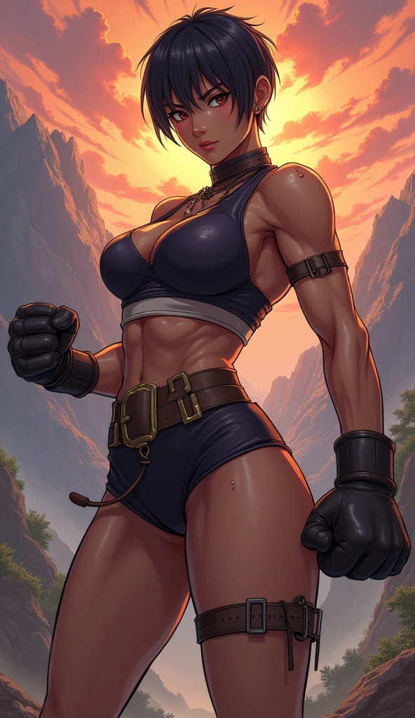 Lara Croft, Revy, Yoruichi Shihoin, cleavage, 25yo woman, hazel eyes, very tan skin, tight booty shorts, black tank top, short hair, black hair, determined smile, Filipino, beautiful woman, hourglass figure, solo mature woman, strong muscular woman, masterpiece, intricate detail, perfect anatomy, beautiful and aesthetic, beautiful, best quality, muscular thighs, anatomically correct, small breasts, ultra detailed, realistic