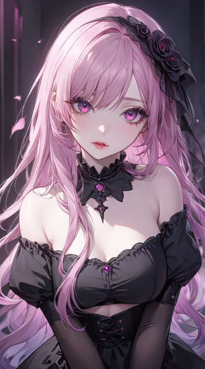 anime girl with pink hair and black top posing for the camera, human anime girl, guweiz, artwork in the style of guweiz, gapmoe yandere grimdark, seductive anime girl, gothic maiden anime girl, anime girl, anime illustration, digital anime illustration, anime vibes, yandere, beautiful anime portrait, detailed digital anime art, clean detailed anime art