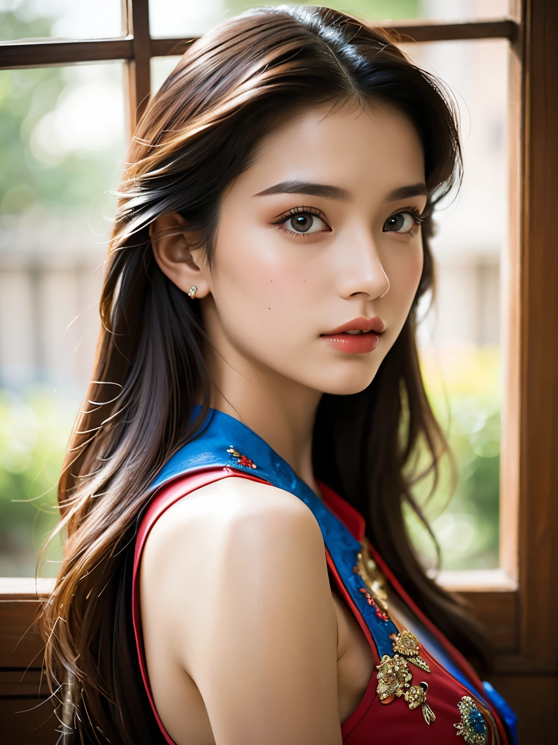 (best qualityer, 4K, 8k, high resolution, work of art: 1.2), (super verbose, realisitic, Fotorrealisitic:1.37)A captivating young woman, wearing a striking red and blue ensemble, stands in front of a window with an air of toughness and determination. Her enchanting eyes are exquisitely detailed, capturing every shine and depth, while her lips boast a meticulous beauty that is both captivating and seductive. The level of detail extends to the entire face, every contour and feature meticulously rendered to perfection, creating a sense of hyperrealism that draws the viewer in. 

The costume of , reminiscent of oil painting art, é uma work of art em si. The factory, expertly crafted to resemble vibrant brushstrokes, adds a touch of dynamism to your overall look. It is a true reflection of the artist&#39;s talent, showing mastery