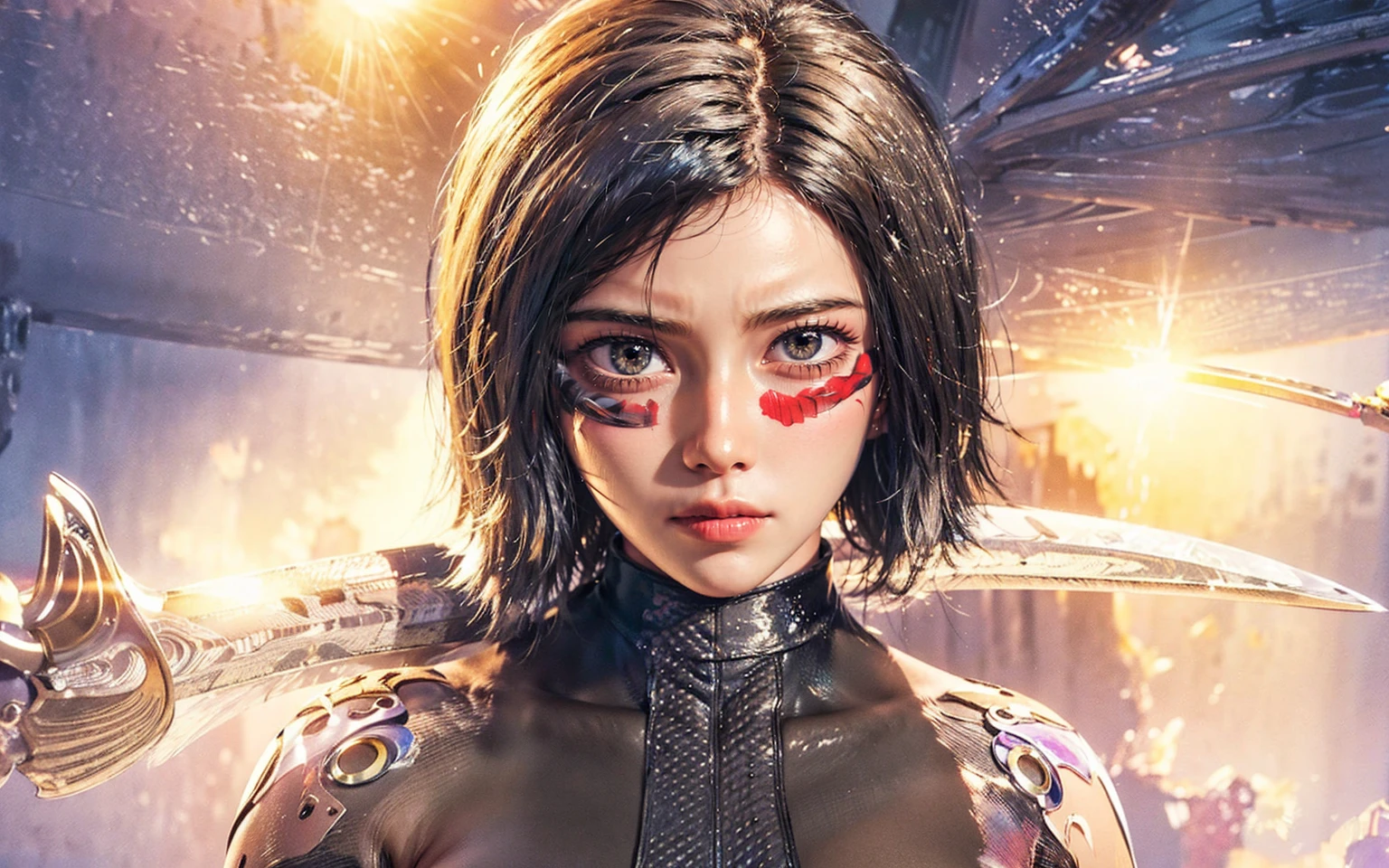 a close up of a girl, (nsfw:1.5), light white hair, holding a sword, big , shadow bringers cinematic, 4 k detail fantasy, a beautiful fantasy empress, fantasy, alita hero, 2. 5 d cgi anime fantasy artwork, cinematic goddess close shot, alita battle angel, wow 4 k detail fantasy, hyperdetailed fantasy character, smile, big breasts, (perfect lighting), full color, perfect hand, perfect body, perfect realistic, 2K Resolution, natural skin, (((shiny skin))), sexy body, very detail texture, detail texture, Beautiful, 4k background, 8k quality, (((Blue eyes))), 