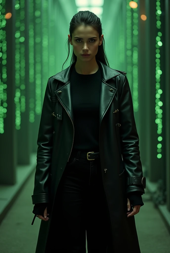 face portrait of "Trinity's quest: Green matrix code flowing in the middle and background.", tritnity is white woman with long black hair, wearing a black latex coat, that works secretly with Morpheus and neo. focusing on the face, magical and mysterious theme