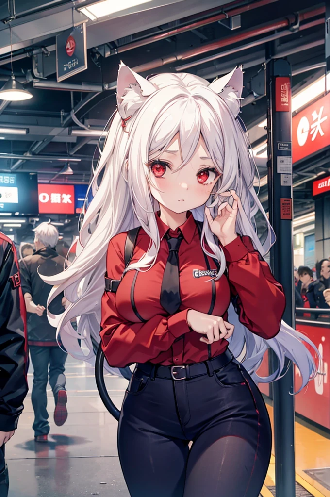 1 girl, cerberus, white hair, long hair, cat ears, red eyes, big breasts, succubus tail, subway station, red shirt, black jeans,