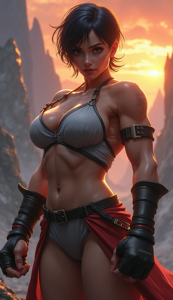 (masterpiece), best quality, expressive eyes, perfect face(masterpiece), best quality, expressive eyes, perfect face, Female warrior, short black hair, scar on left eye, bronze skin, red lips, amber eyes,, wide hips, large breasts, holding a sword, red cape torn shoulder, arm sleeves, belt on legs, steel plate boots, steel plate gauntlets, chocker, breast plate, pussy plate, body scars, 