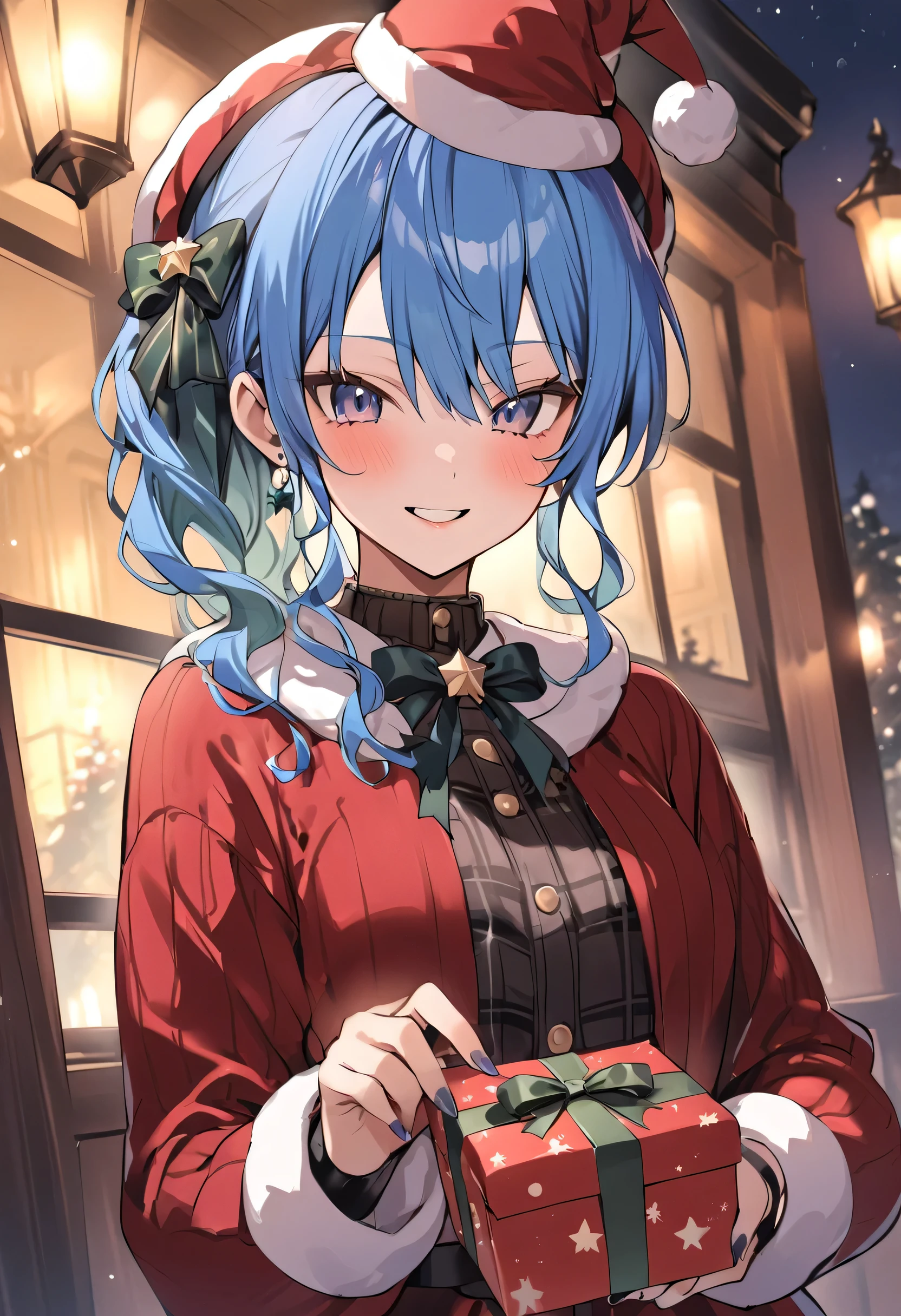 Hoshimachi Suisei, Hoshimachi Suisei but in a chirstmas outfit, Hoshimachi Suisei in a winter setting, Hoshimachi Suisei but christmas, Hoshimachi Suisei santa claus, Hoshimachi Suisei opening presents, Hoshimachi Suisei from hololive