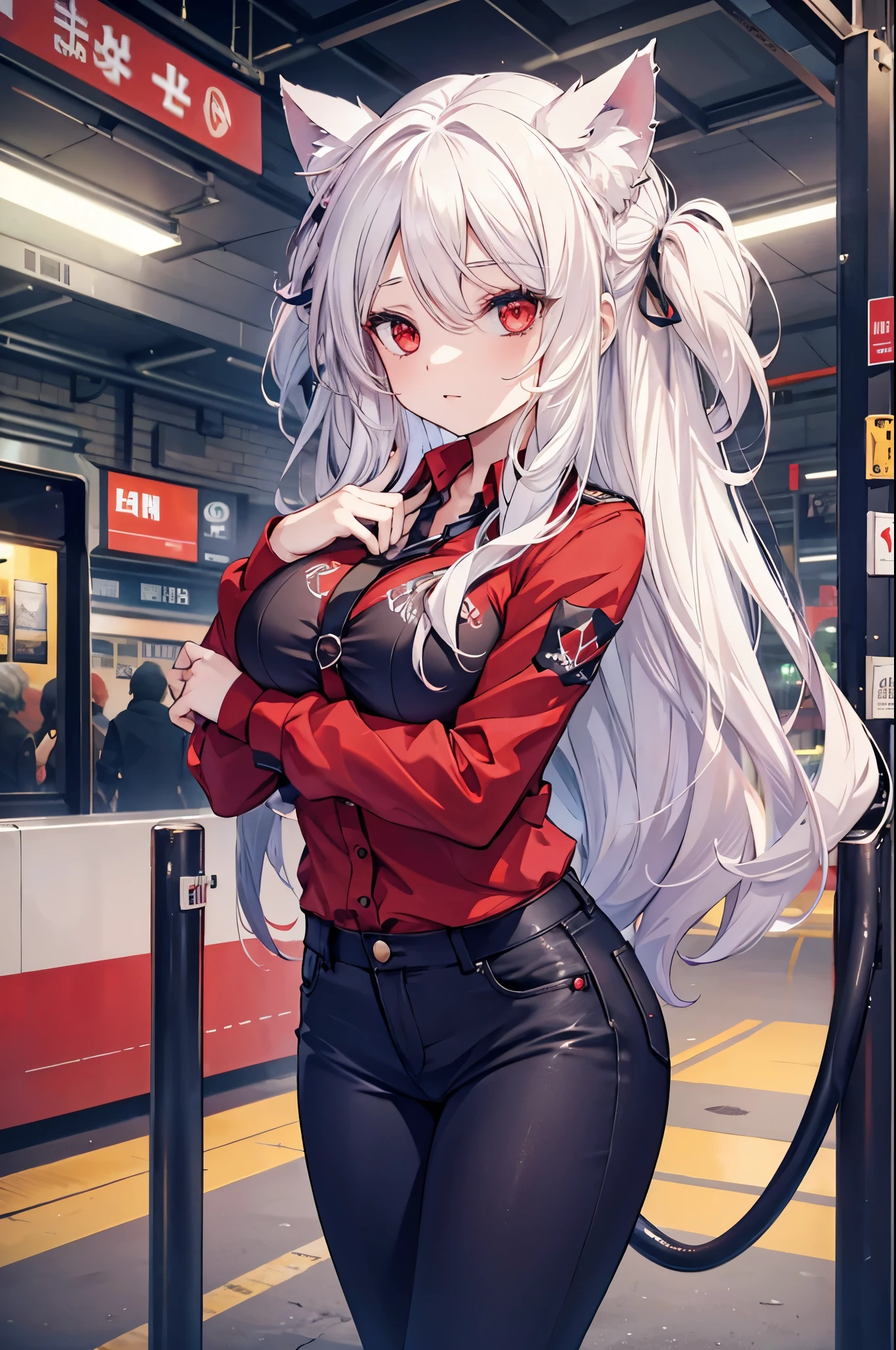 1 girl, cerberus, white hair, long hair, cat ears, red eyes, big breasts, succubus tail, subway station, red shirt, black jeans,