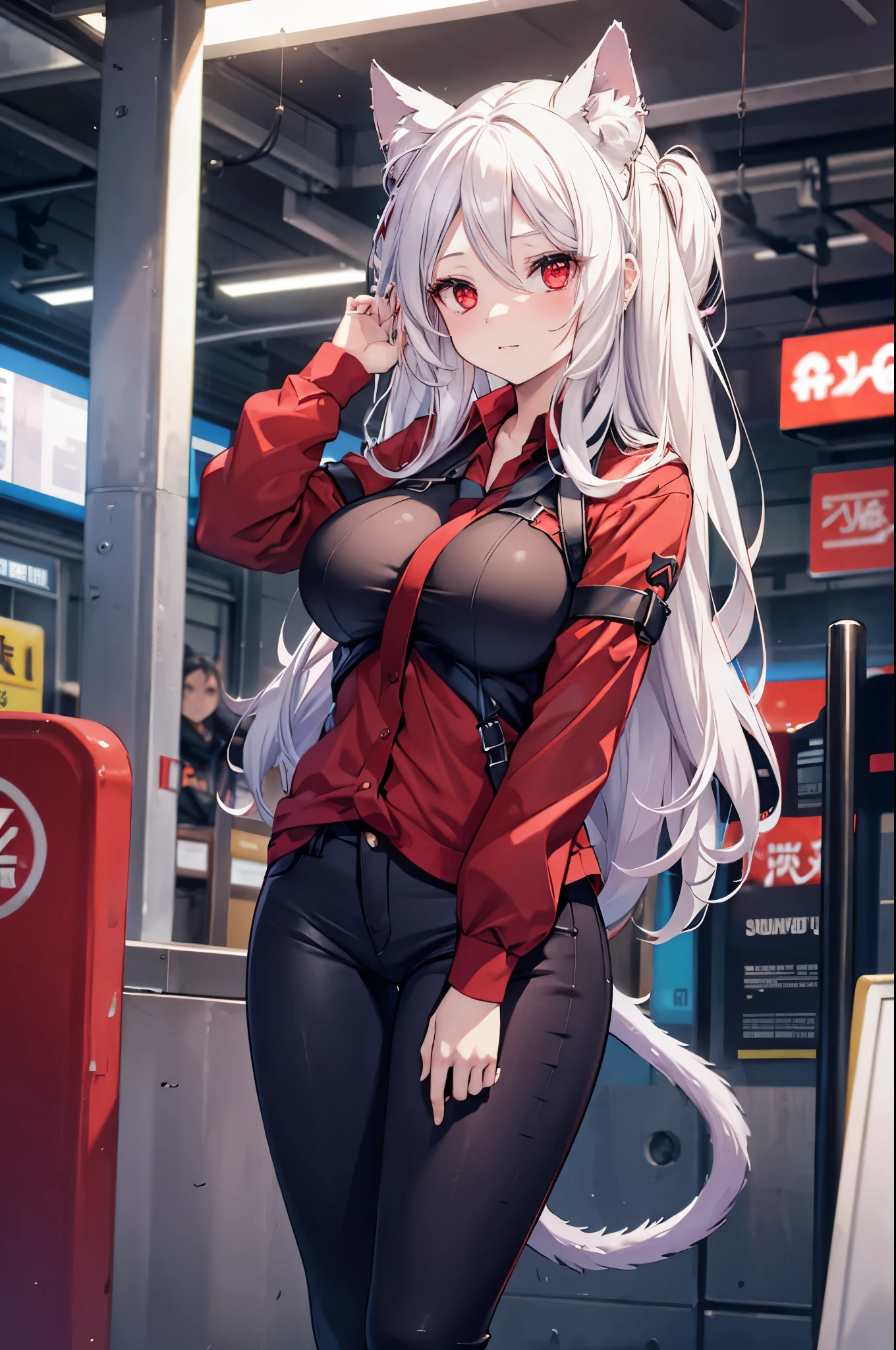 1 girl, cerberus, white hair, long hair, cat ears, red eyes, big breasts, succubus tail, subway station, red shirt, black jeans,