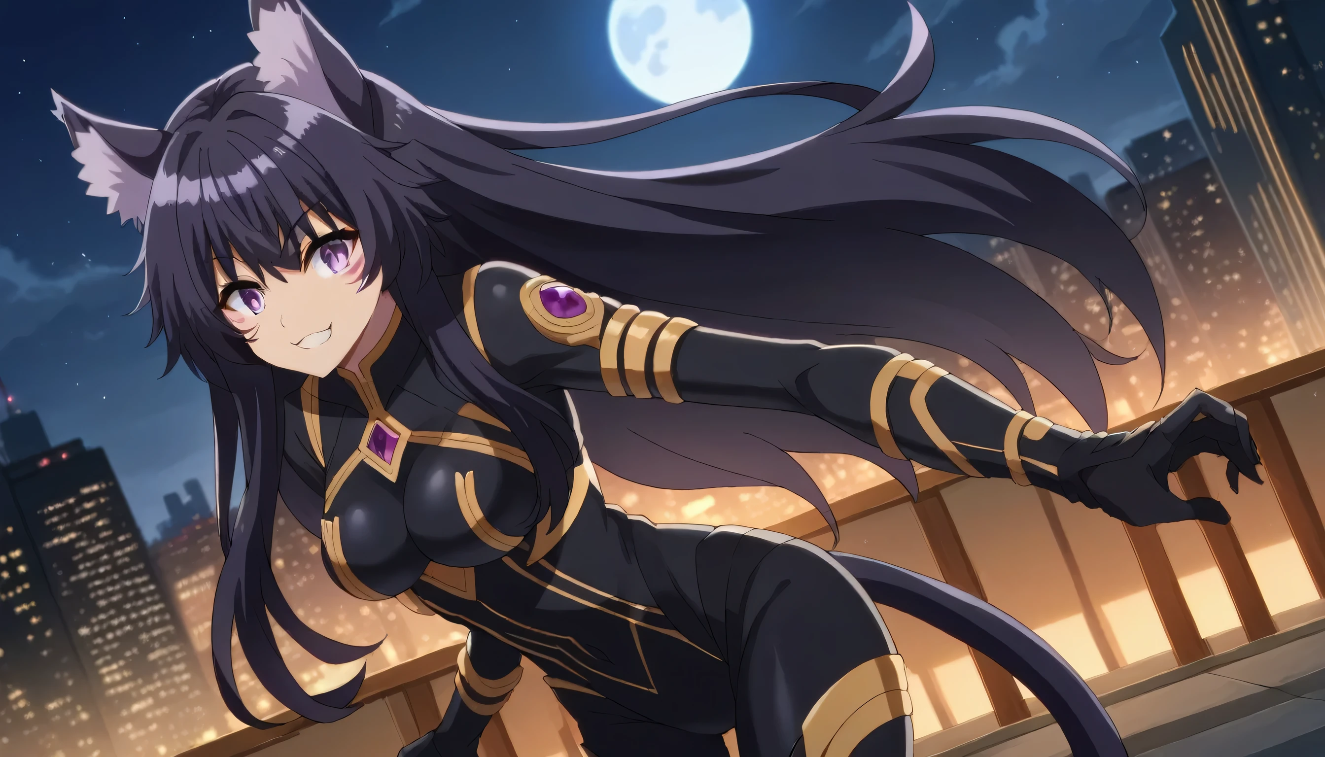 score_9, score_8_up, score_7_up, source_anime,
shadowdelta, delta, long hair, black hair, animal ears, purple eyes, cat ears, animal ear fluff, facial mark, smile,
bodysuit, black bodysuit,
outdoors, cityscape, night, moon,
looking at viewer, cowboy shot, dutch angle,（大きい胸）