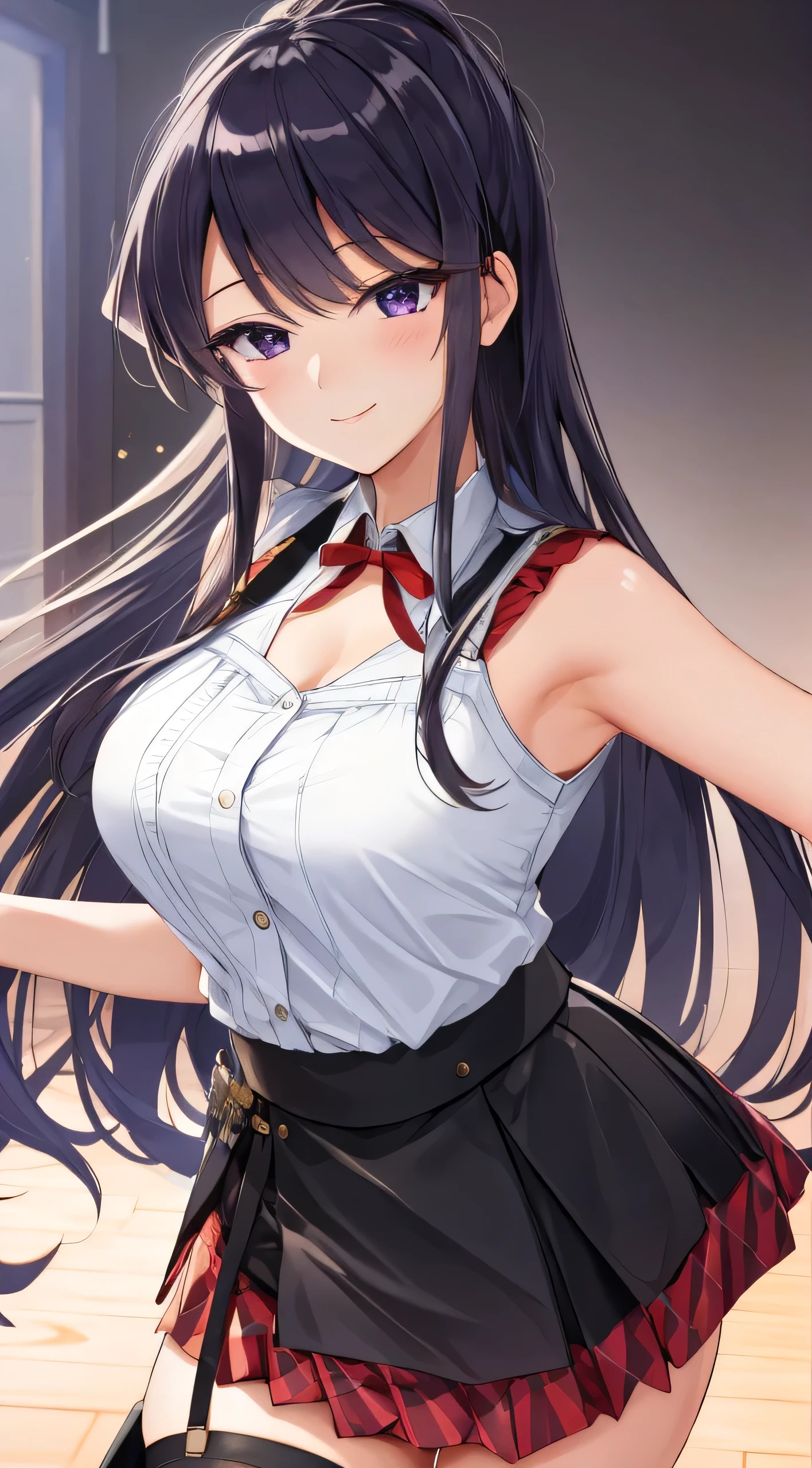 best quality, ultra-detailed, high resolution, extremely detailed CG, unity 8k wallpaper, super detailed skin, detailed, dynamic lighting, beautiful detailed eyes, komi shouko, 1girl, solo, looking at viewer, blush, seductive smile, white tank top, black skirt, suspender skirt, midriff, black thighhighs, red gloves, white bra, zettai ryouiki, head tilt, bar counter, showing panties, dynamic pose, purple eyes, smile, fighting stance,