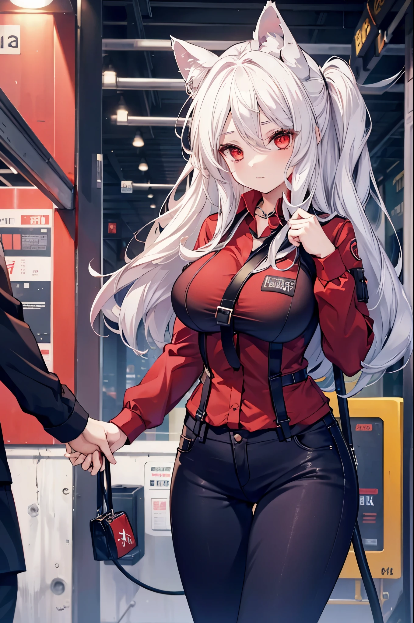 1 girl, cerberus, white hair, long hair, cat ears, red eyes, big breasts, succubus tail, subway station, red shirt, black jeans,