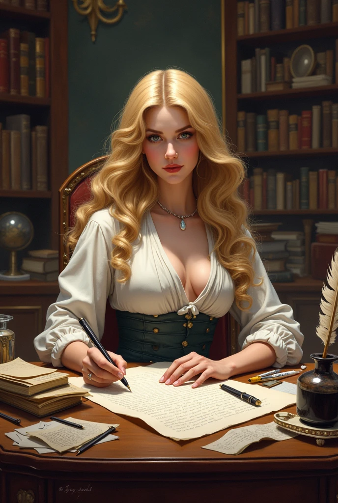 (best quality,4k,8k,highres,masterpiece:0.7),ultra-detailed,(realistic,photorealistic,photo-realistic:0.37), Blonde, Beautiful, aristocratic, sitting at the table, is wearing white dress, read with rapt attention a Lot of paper and books, surrounded by the smell of books and warm lights, portraits, soft lighting, pastel colors
