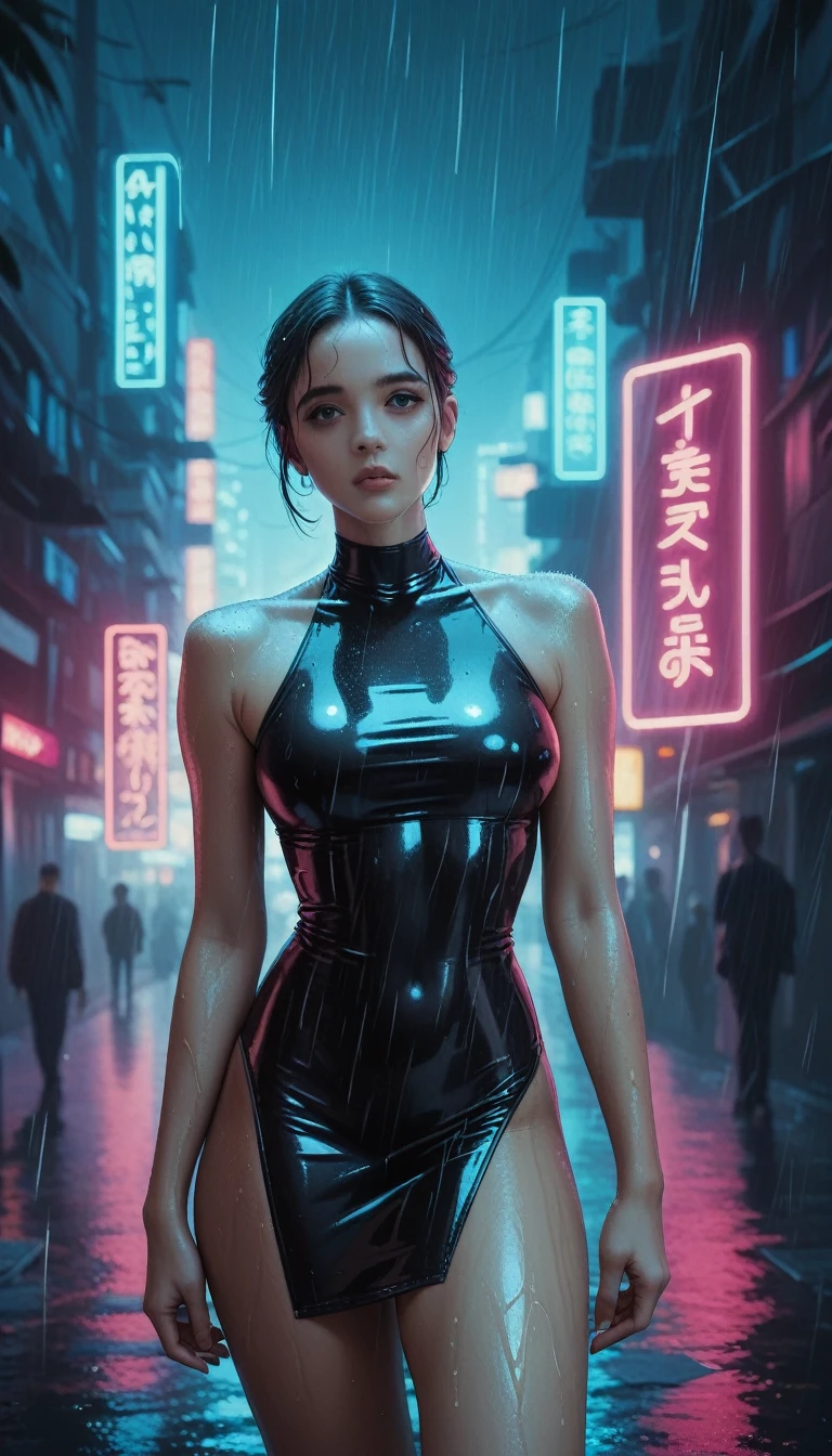 "A young and beautiful half-naked woman walks through a cyberpunk city, dressed in a tight black latex dress that shines under the neon lights. Her figure is slender and perfectly defined., with curves highlighted by the tight material of her clothes. The environment around you is dark and rainy., with wet streets reflecting the lights of holograms and neon signs. Her skin has a subtle glow, as if slightly wet from the rain, while her long, straight hair falls over her shoulders. The details are photorealistic, with a cinematic quality that captures every aspect of his appearance and the technological and futuristic world he finds himself in.."