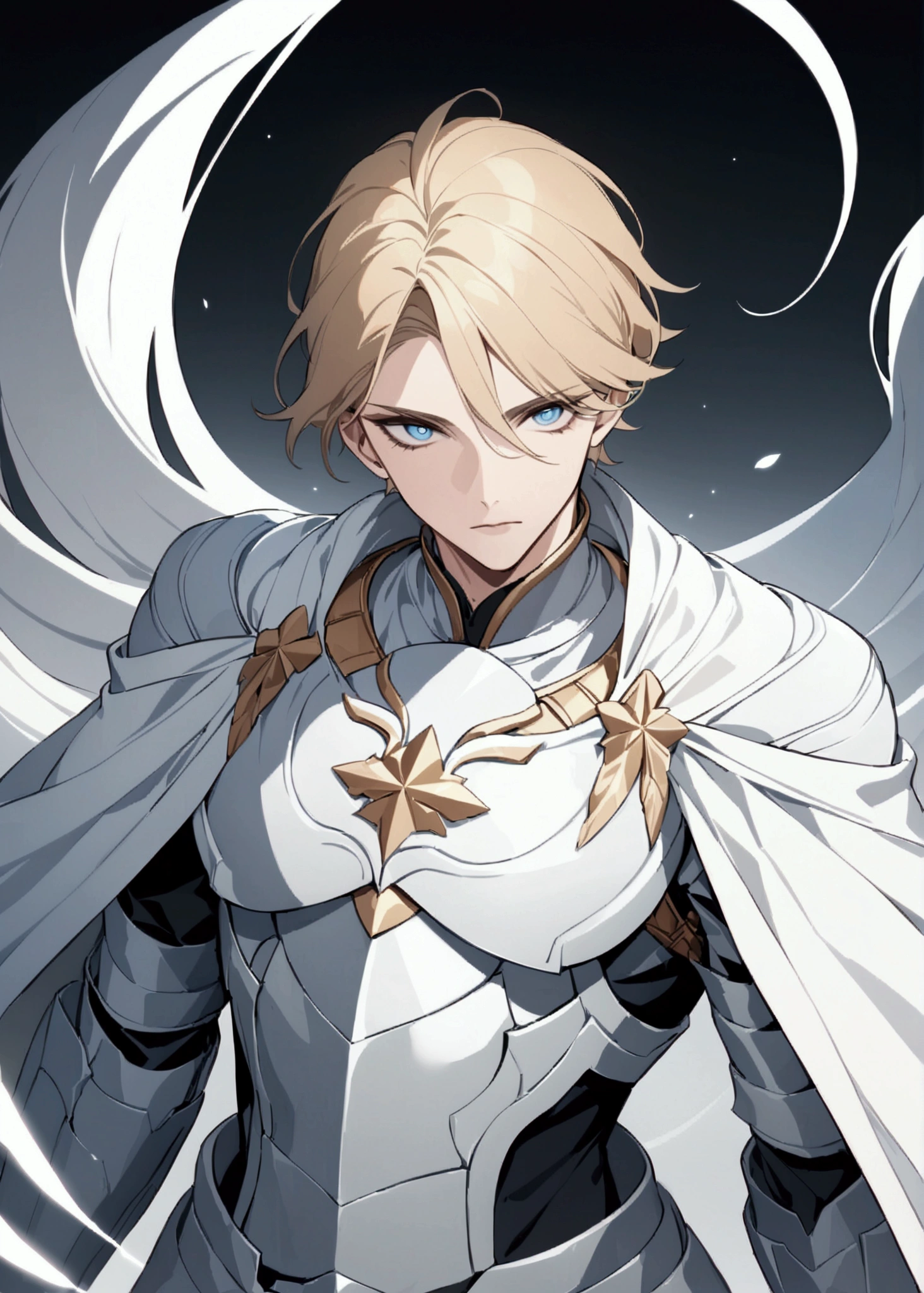 (masterpiece, 32k, 8k, ultra-detailed image) handsome man, 2, serene countenance, short golden hair, deep gray and bright eyes, armor in blue and white tones