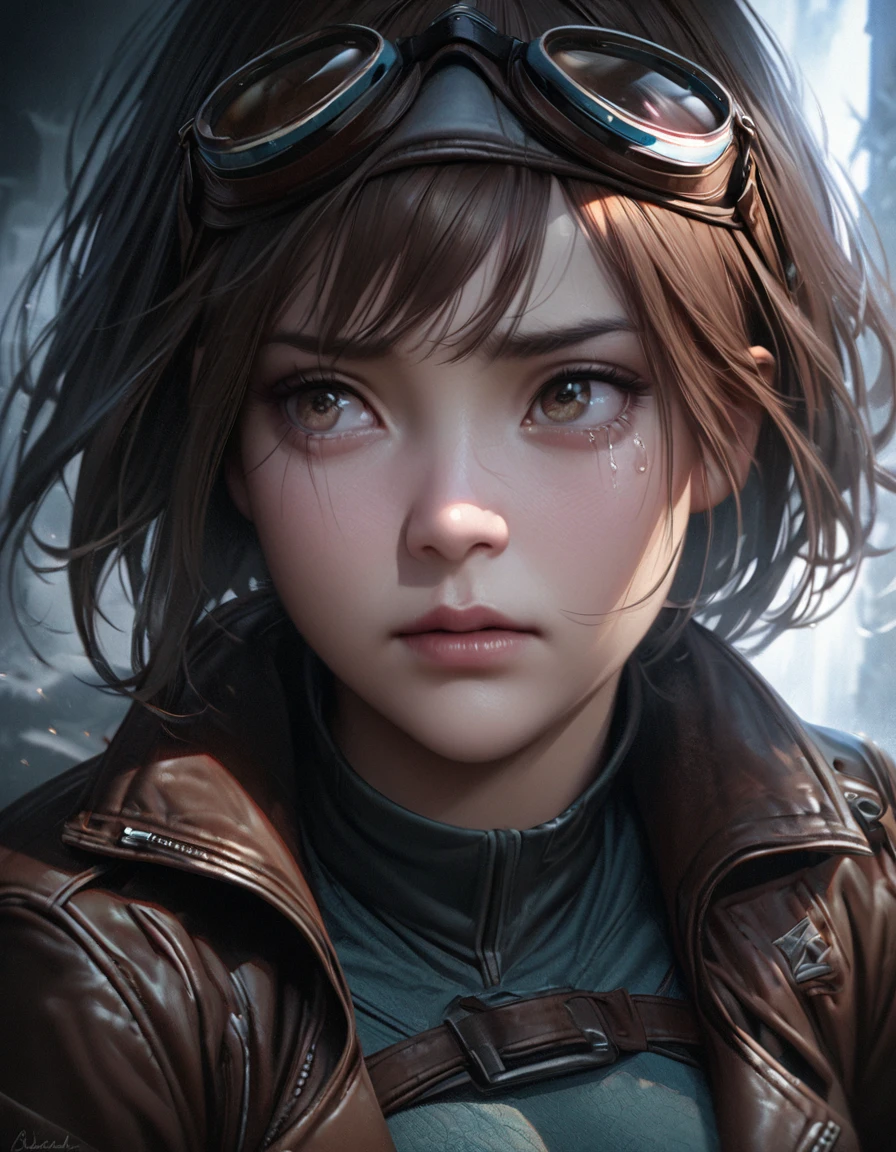 A girl with short brown hair wearing a leather jacket, bodysuit, gloves, and goggles, looking sad with a hint of tears, detailed face and eyes, hyperrealistic, 8k, highly detailed, professional digital art, dramatic lighting, moody color palette, cinematic composition