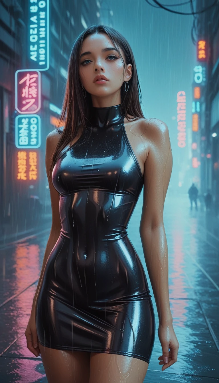 "A young and beautiful half-naked woman walks through a cyberpunk city, dressed in a tight black latex dress that shines under the neon lights. Her figure is slender and perfectly defined., with curves highlighted by the tight material of her clothes. The environment around you is dark and rainy., with wet streets reflecting the lights of holograms and neon signs. Her skin has a subtle glow, as if slightly wet from the rain, while her long, straight hair falls over her shoulders. The details are photorealistic, with a cinematic quality that captures every aspect of his appearance and the technological and futuristic world he finds himself in.."