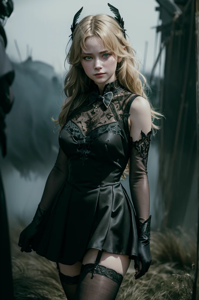 A adult girl in realistic portrait of high quality and detail, Fischl (Genshin Impact), movie style, full-length, dark and mysterious atmosphere, glow, eye shadow, 1girl, thriller fantasy, Depth & Perspective, smiling face, a short girl with a petite build. Her skin is pale, her eyes have a grassy green hue, and her blonde hair is tied with black ribbons on the sides. The girl's left eye is hidden by a black blindfold. The princess of condemnation wears a black bodysuit with a cascade skirt. The dress has translucent and purple inserts, as well as embroidery in the form of crosses. It is attached to the neck with a lace collar with a purple bow. Fischl wears translucent black gloves with purple elastic bands on the shoulders, and stockings on her feet, one of which is attached to the dress with suspenders, and black low-heeled shoes. Mystical powers, sadness face, fine face, A blue raven on her shoulder, outdoors, raining dark sky, grey clouds, looking at viewer, (ultra-high detail:1.2), Masterpiece, Best Quality, Ultra-detailed, Cinematic lighting, 8K, delicate features, cinematic, 35 mm lens, f/1.9, highlight lighting, global lighting –uplight –v 4, cinematic, intense gaze, Cinematic lighting, 8K, high quality, Highest Quality, (Solo Focus), (extremly intricate:1.3), (Realistic), dramatic, masterful, Analog style, (Film grain:1.5), (warm hue, cold tone)